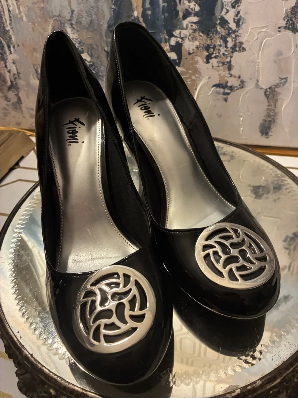 Genuine Fioni Black Patent Wedge Pumps with Silver Medallion Size 6.5